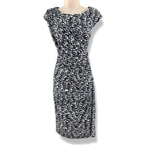 Coldwater Creek Black & White Print Ruched Sheath‎ Dress Size 12 Sleeveless